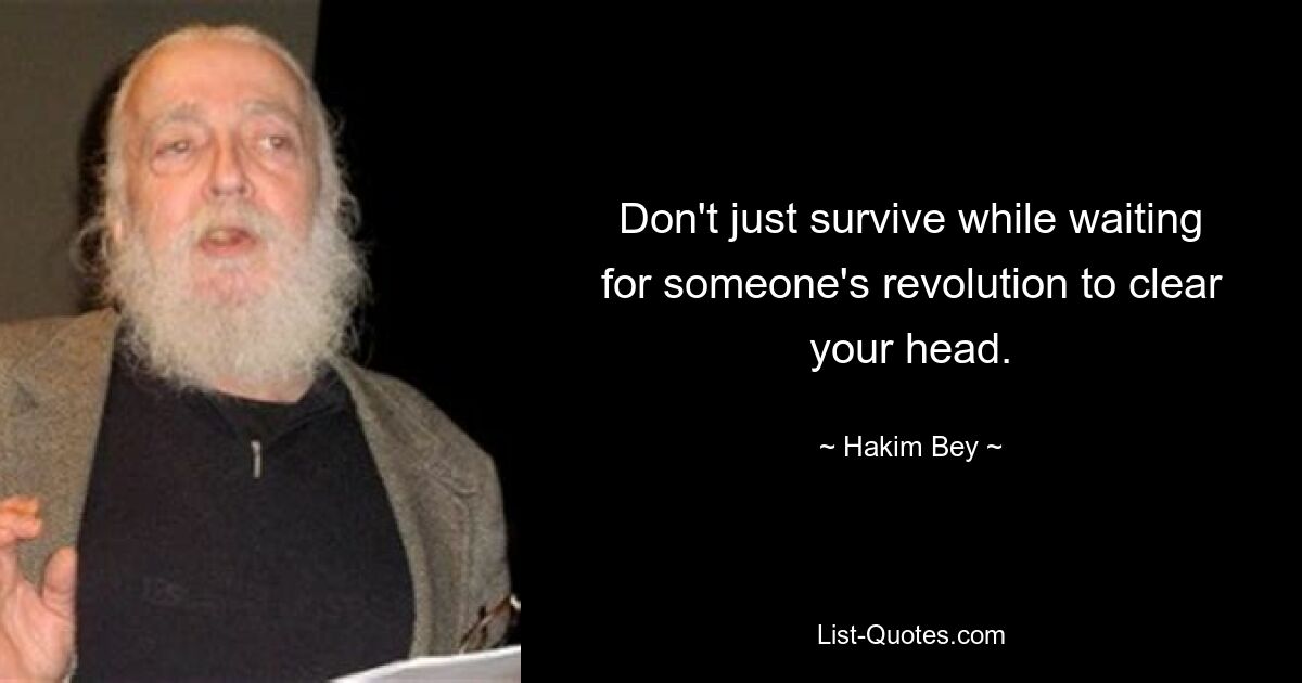 Don't just survive while waiting for someone's revolution to clear your head. — © Hakim Bey