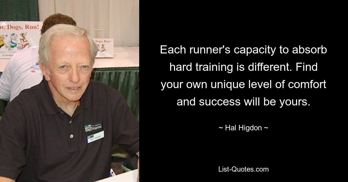 Each runner's capacity to absorb hard training is different. Find your own unique level of comfort and success will be yours. — © Hal Higdon