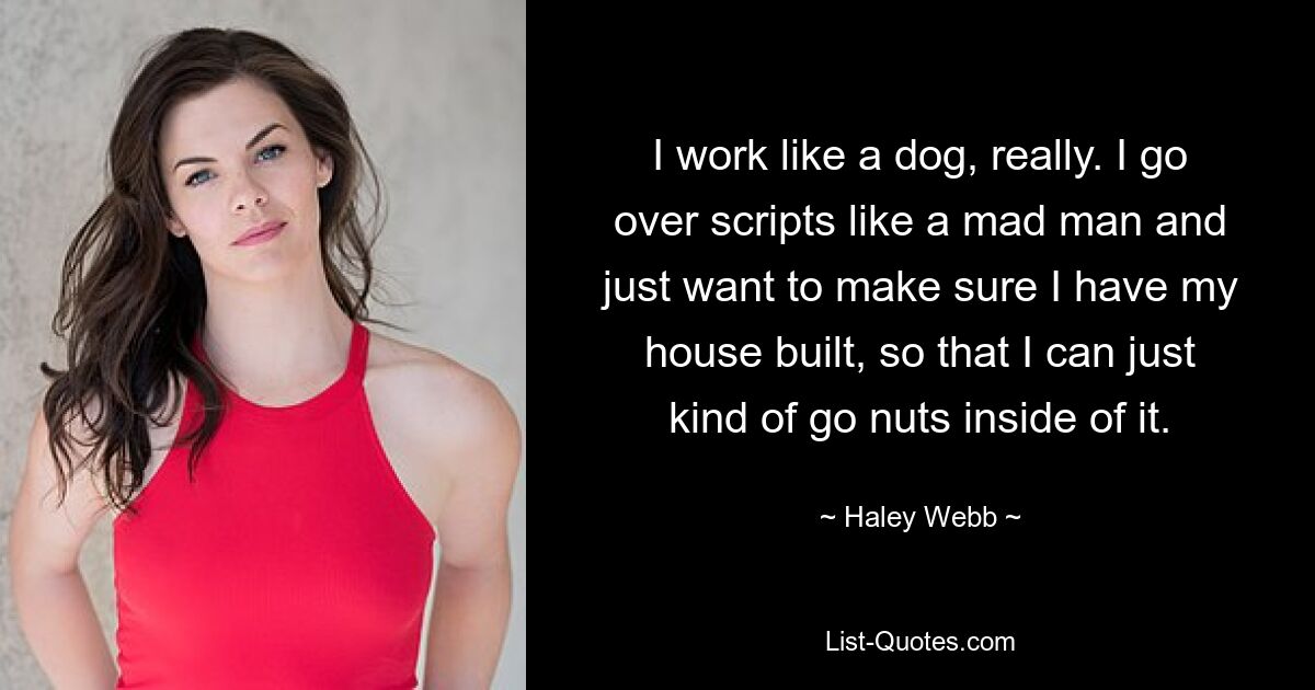 I work like a dog, really. I go over scripts like a mad man and just want to make sure I have my house built, so that I can just kind of go nuts inside of it. — © Haley Webb