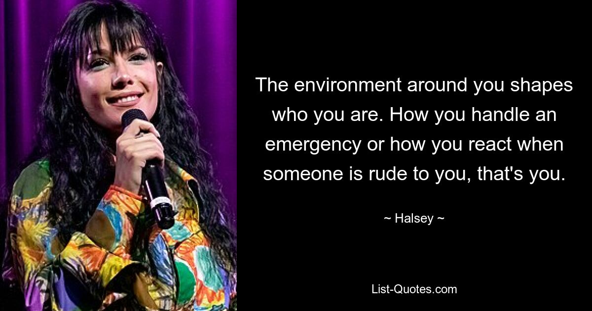 The environment around you shapes who you are. How you handle an emergency or how you react when someone is rude to you, that's you. — © Halsey