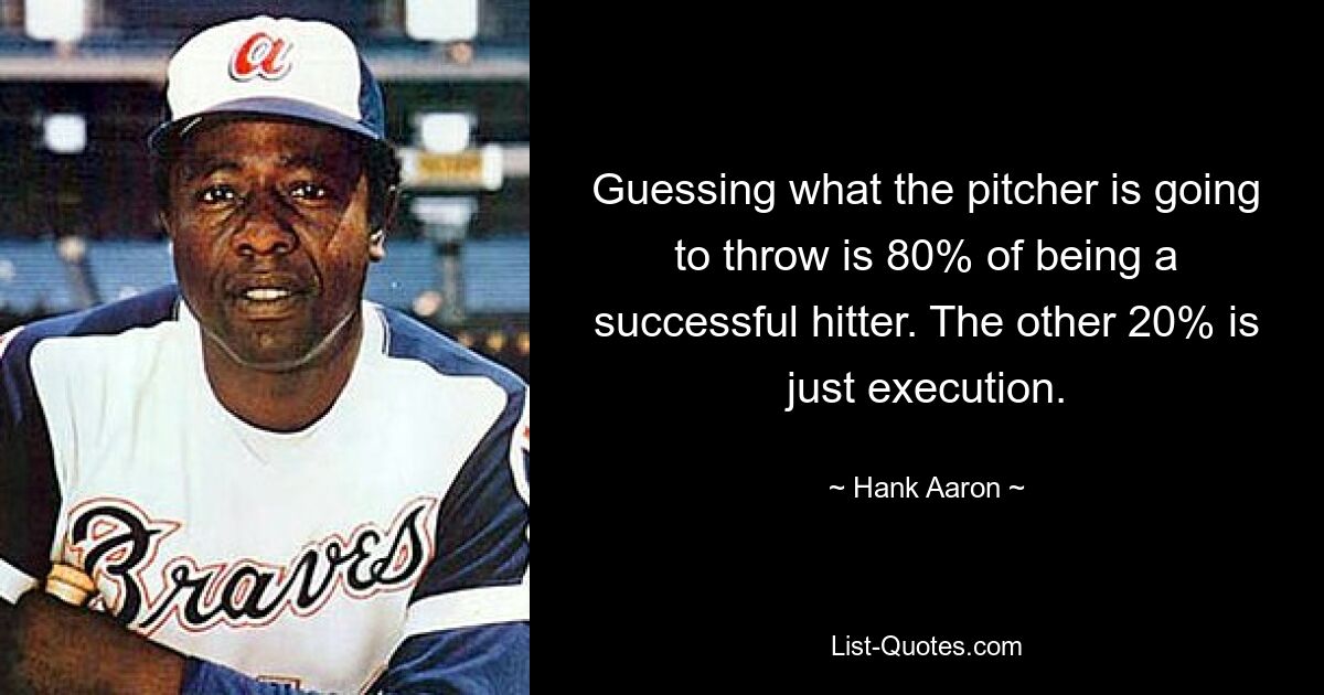 Guessing what the pitcher is going to throw is 80% of being a successful hitter. The other 20% is just execution. — © Hank Aaron