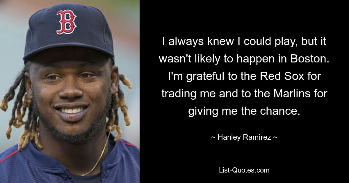 I always knew I could play, but it wasn't likely to happen in Boston. I'm grateful to the Red Sox for trading me and to the Marlins for giving me the chance. — © Hanley Ramirez