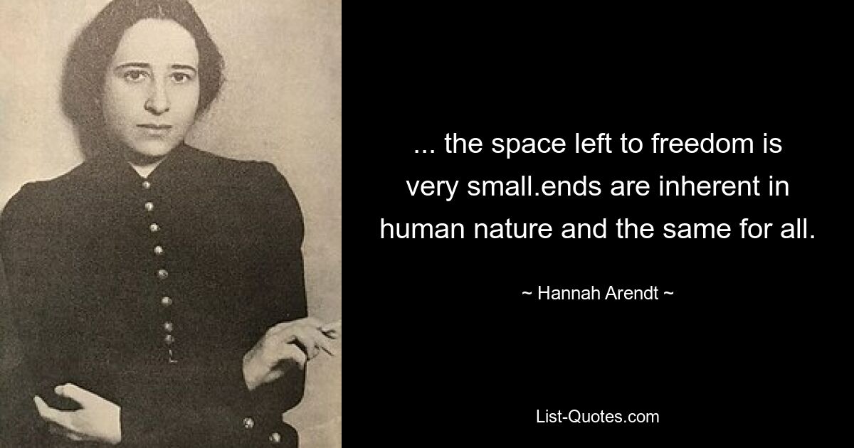 ... the space left to freedom is very small.ends are inherent in human nature and the same for all. — © Hannah Arendt