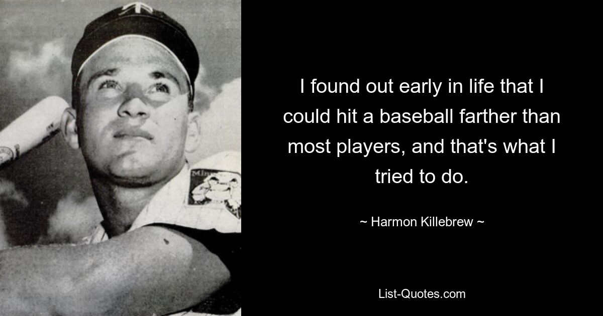 I found out early in life that I could hit a baseball farther than most players, and that's what I tried to do. — © Harmon Killebrew