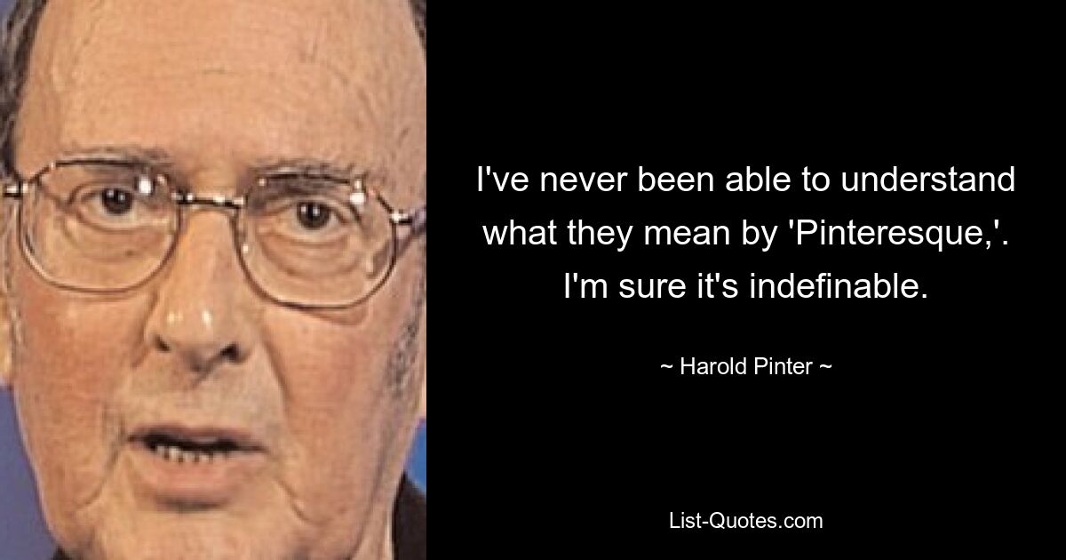 I've never been able to understand what they mean by 'Pinteresque,'. I'm sure it's indefinable. — © Harold Pinter