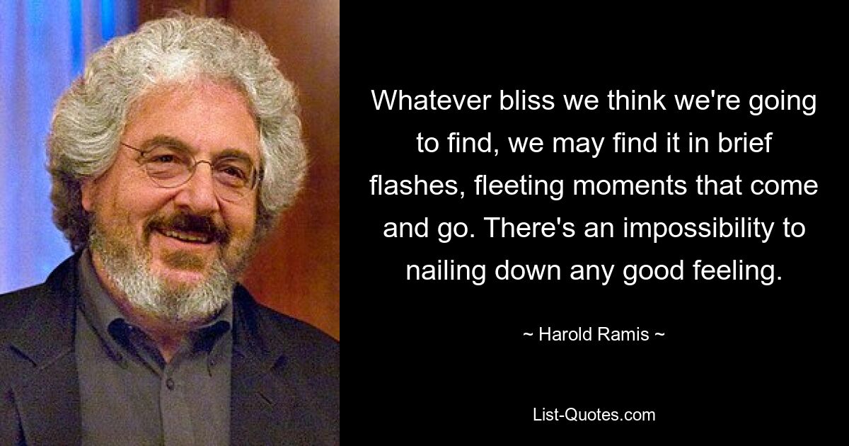 Whatever bliss we think we're going to find, we may find it in brief flashes, fleeting moments that come and go. There's an impossibility to nailing down any good feeling. — © Harold Ramis