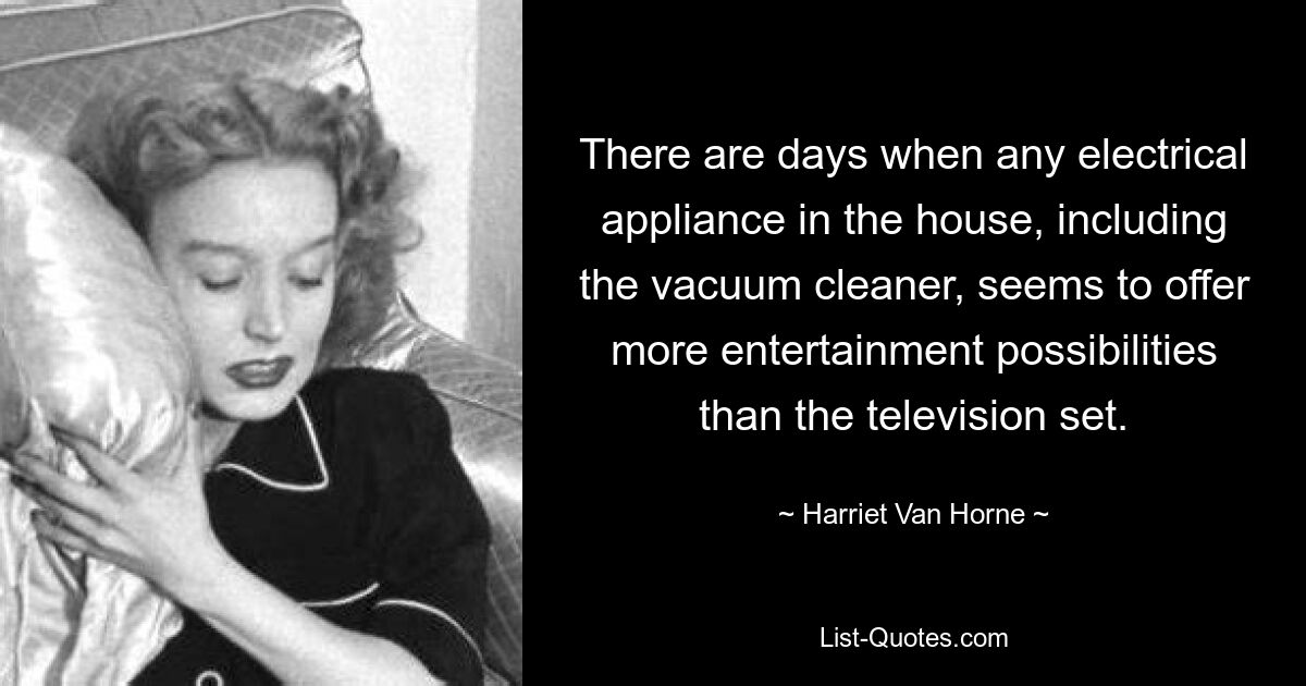 There are days when any electrical appliance in the house, including the vacuum cleaner, seems to offer more entertainment possibilities than the television set. — © Harriet Van Horne