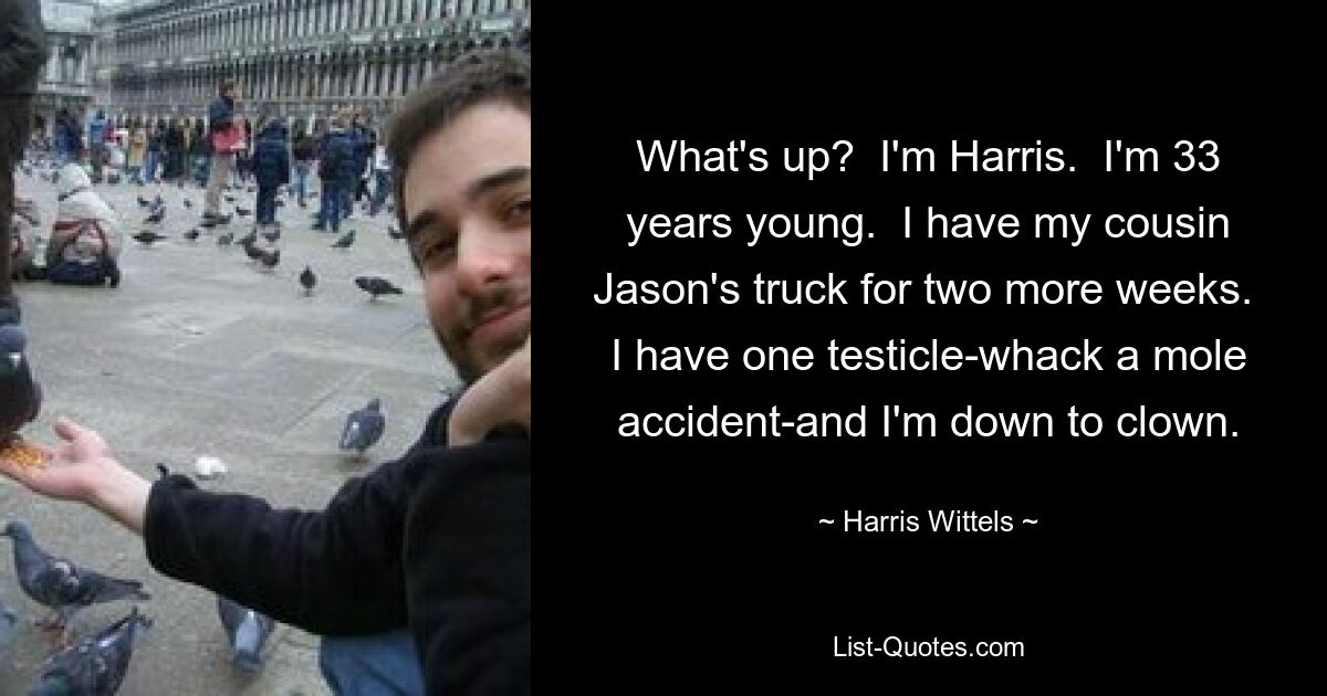 What's up?  I'm Harris.  I'm 33 years young.  I have my cousin Jason's truck for two more weeks.  I have one testicle-whack a mole accident-and I'm down to clown. — © Harris Wittels