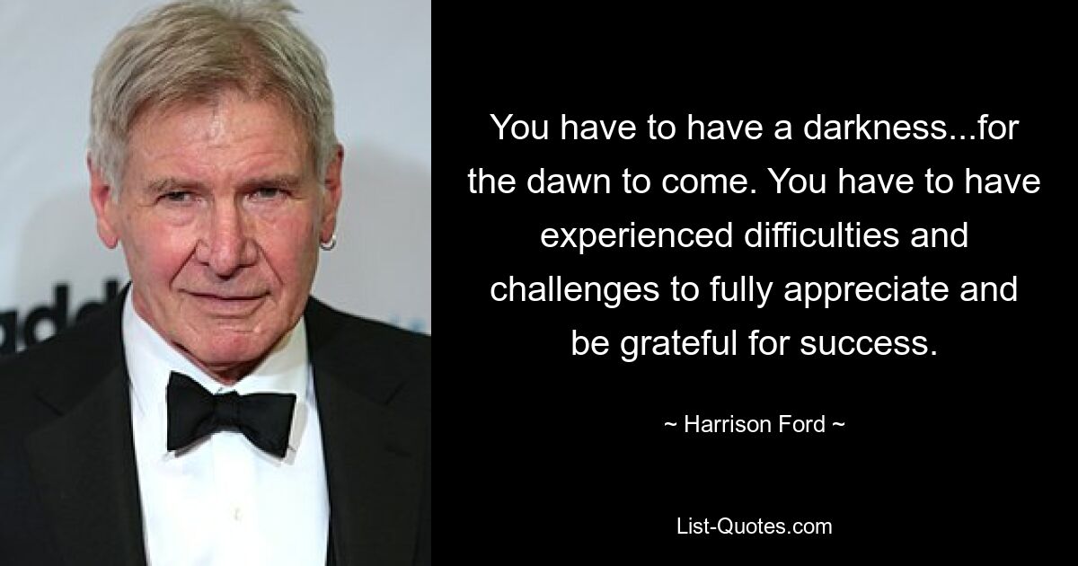 You have to have a darkness...for the dawn to come. You have to have experienced difficulties and challenges to fully appreciate and be grateful for success. — © Harrison Ford