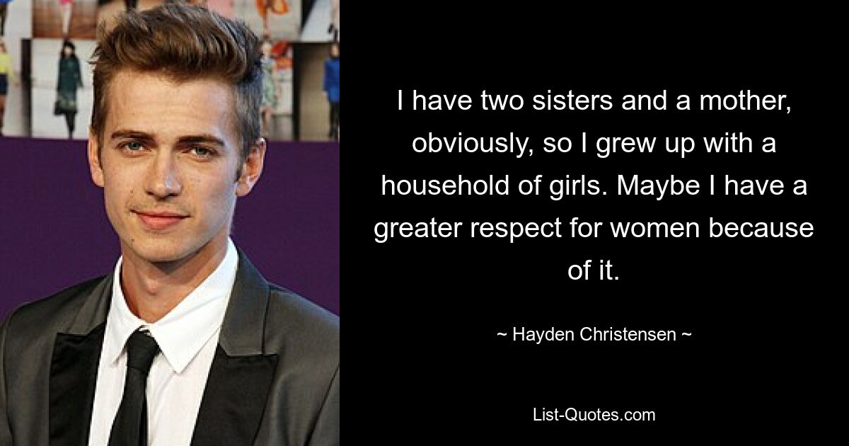 I have two sisters and a mother, obviously, so I grew up with a household of girls. Maybe I have a greater respect for women because of it. — © Hayden Christensen