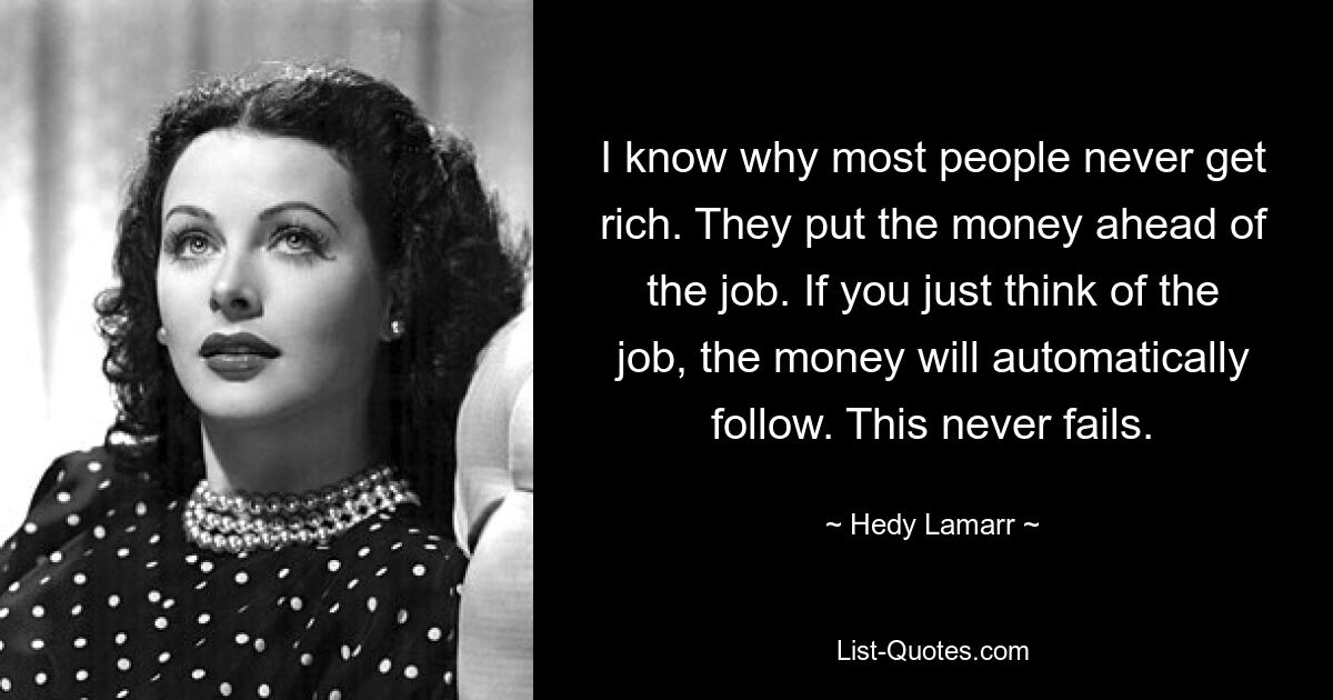 I know why most people never get rich. They put the money ahead of the job. If you just think of the job, the money will automatically follow. This never fails. — © Hedy Lamarr