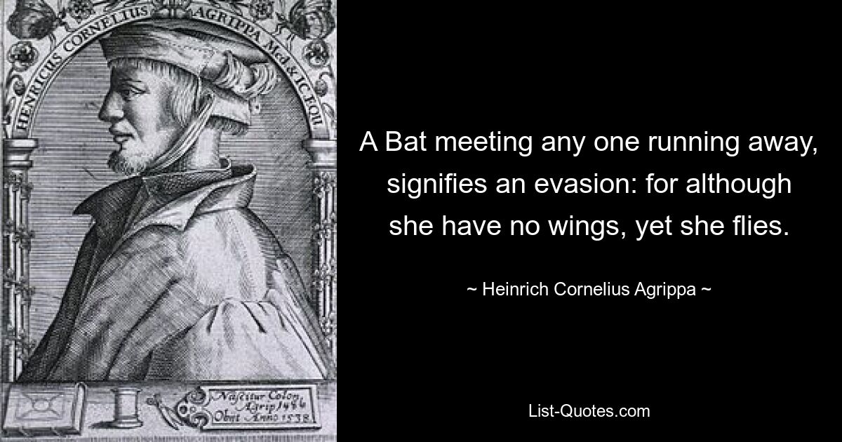 A Bat meeting any one running away, signifies an evasion: for although she have no wings, yet she flies. — © Heinrich Cornelius Agrippa