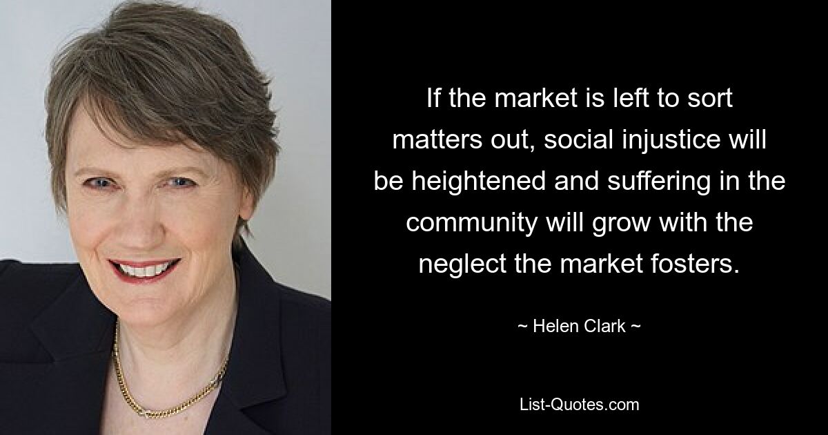 If the market is left to sort matters out, social injustice will be heightened and suffering in the community will grow with the neglect the market fosters. — © Helen Clark