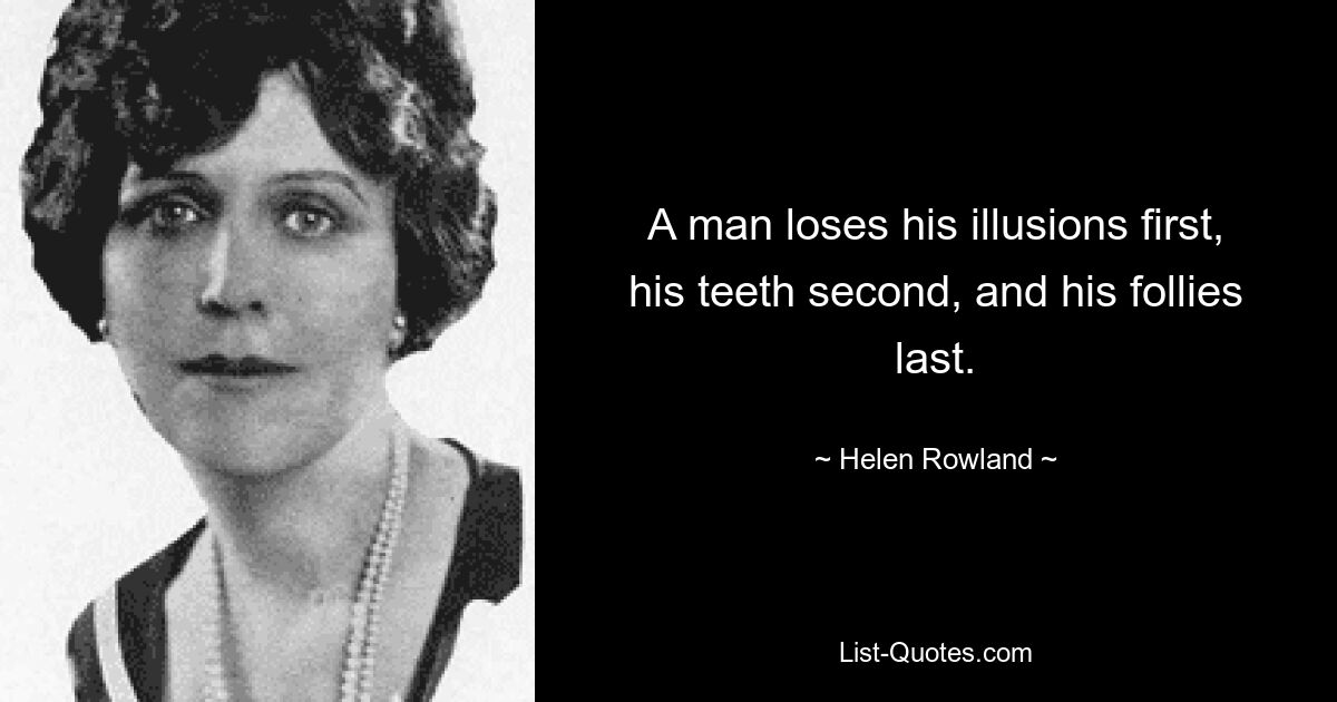 A man loses his illusions first, his teeth second, and his follies last. — © Helen Rowland