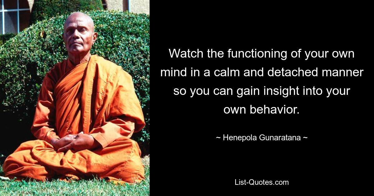 Watch the functioning of your own mind in a calm and detached manner so you can gain insight into your own behavior. — © Henepola Gunaratana