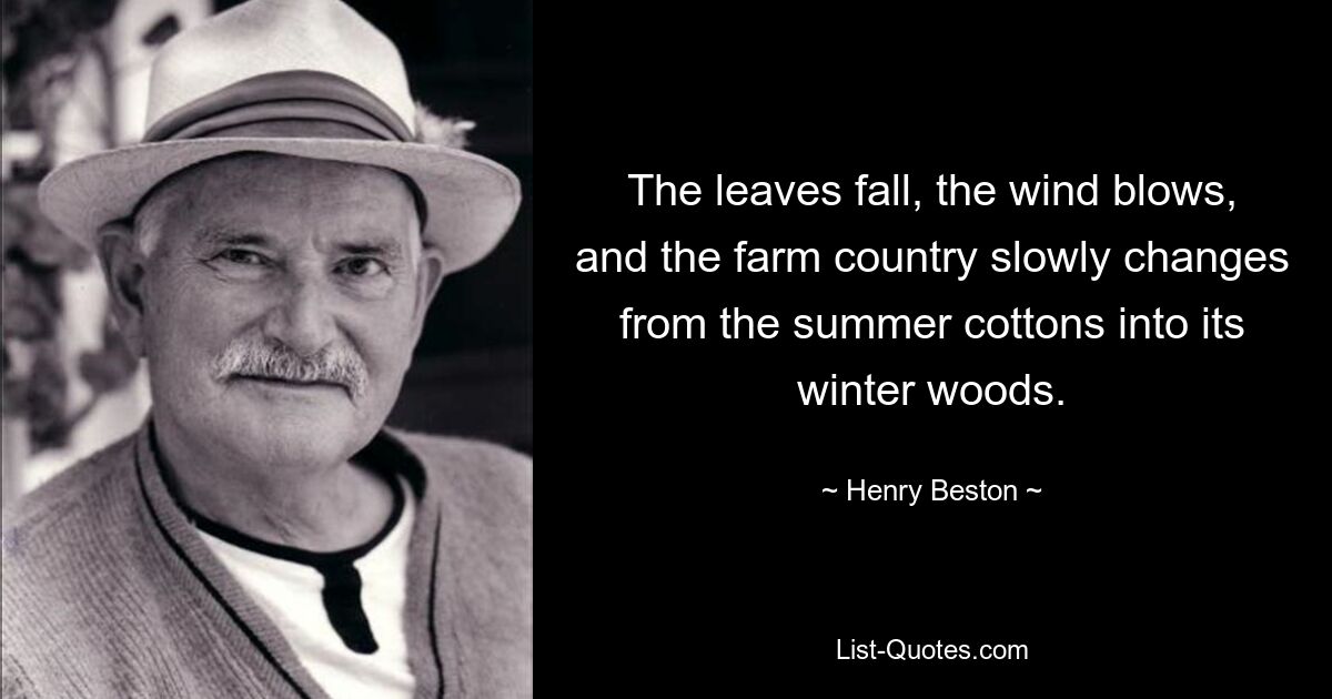 The leaves fall, the wind blows, and the farm country slowly changes from the summer cottons into its winter woods. — © Henry Beston