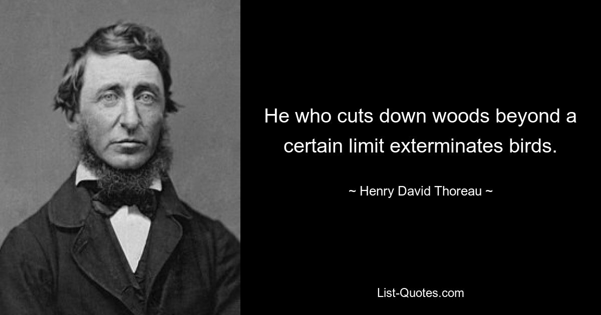 He who cuts down woods beyond a certain limit exterminates birds. — © Henry David Thoreau