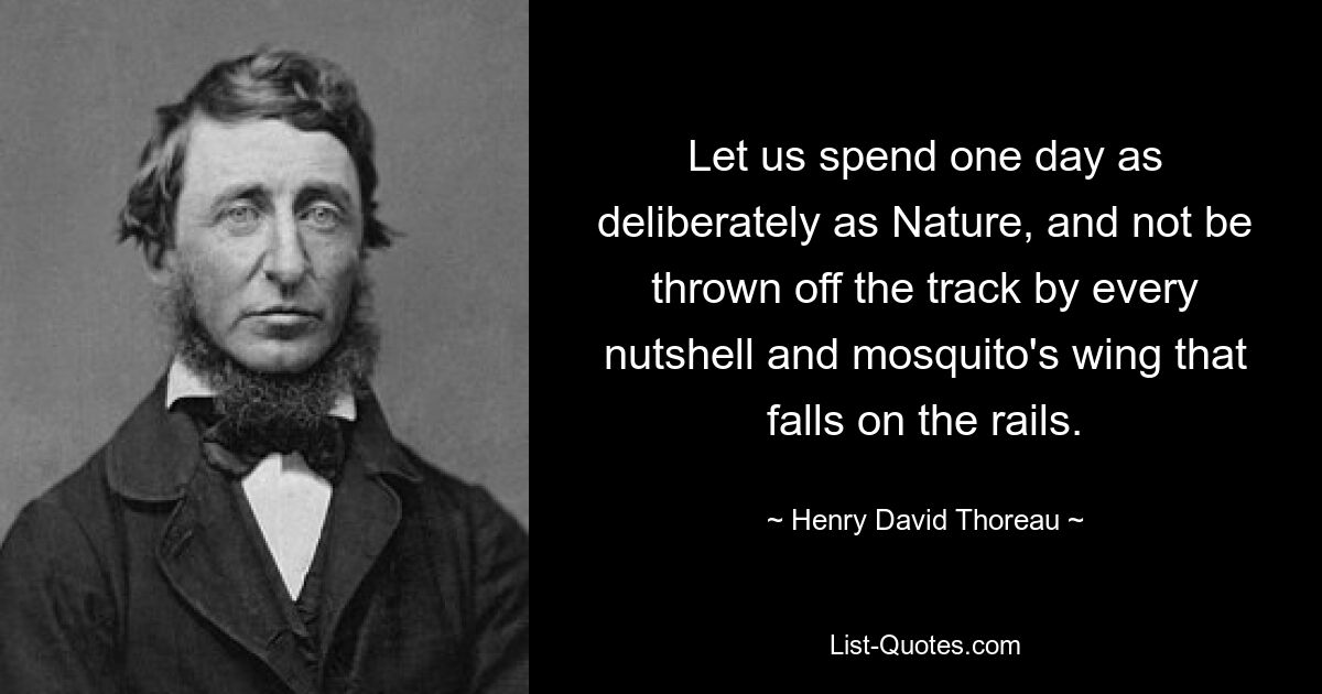 Let us spend one day as deliberately as Nature, and not be thrown off the track by every nutshell and mosquito's wing that falls on the rails. — © Henry David Thoreau