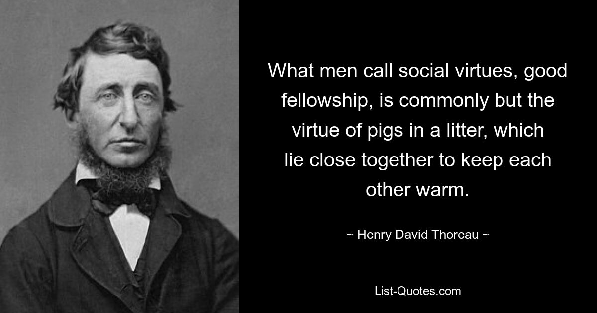 What men call social virtues, good fellowship, is commonly but the virtue of pigs in a litter, which lie close together to keep each other warm. — © Henry David Thoreau