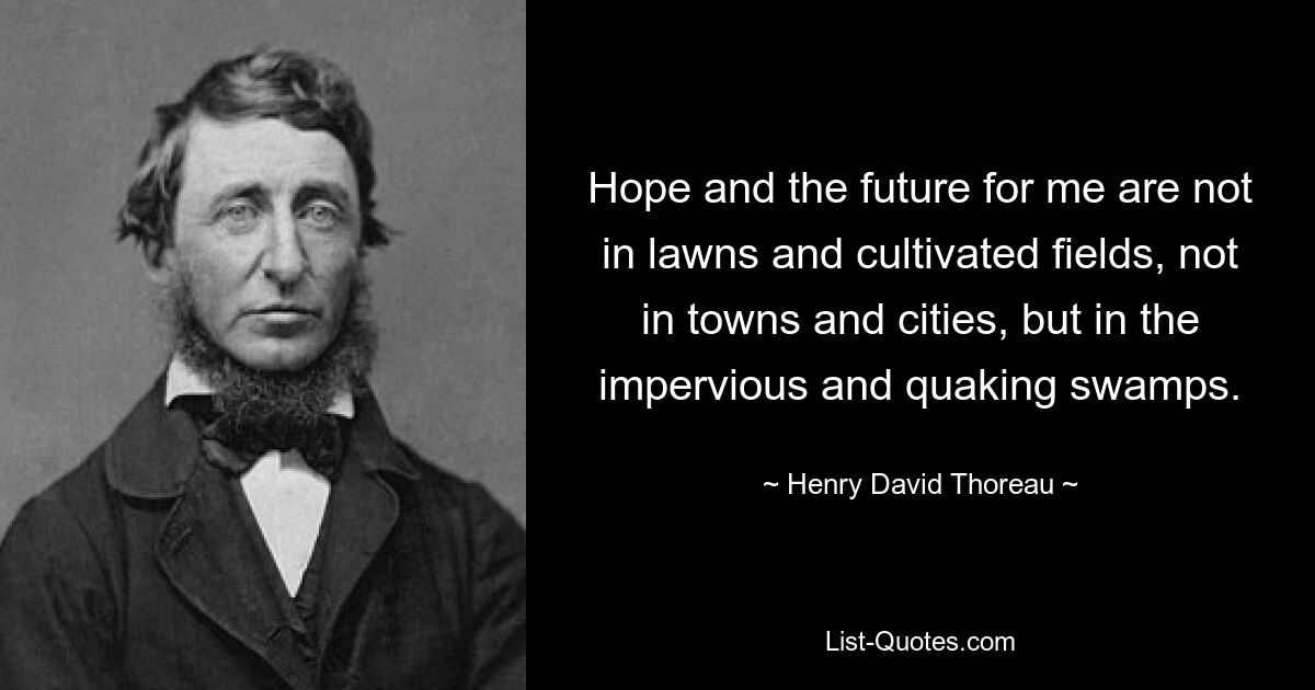 Hope and the future for me are not in lawns and cultivated fields, not in towns and cities, but in the impervious and quaking swamps. — © Henry David Thoreau