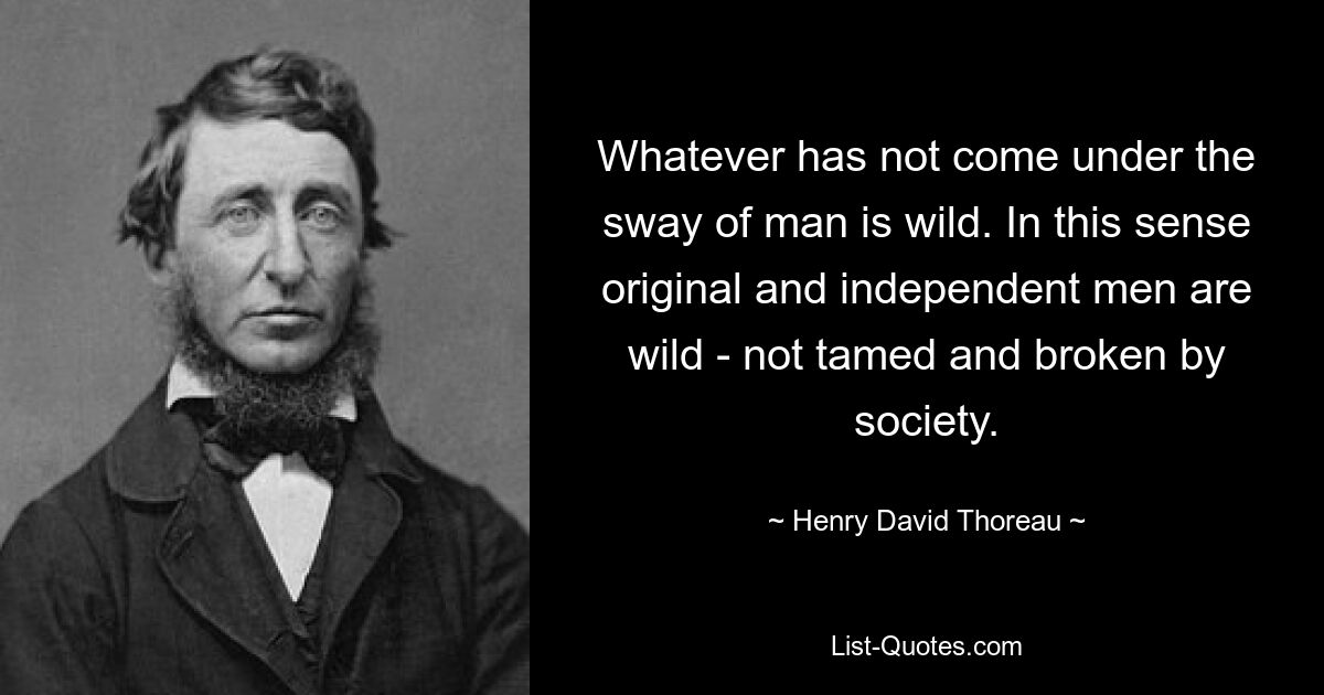 Whatever has not come under the sway of man is wild. In this sense original and independent men are wild - not tamed and broken by society. — © Henry David Thoreau