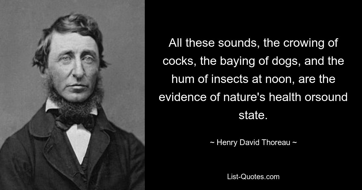 All these sounds, the crowing of cocks, the baying of dogs, and the hum of insects at noon, are the evidence of nature's health orsound state. — © Henry David Thoreau