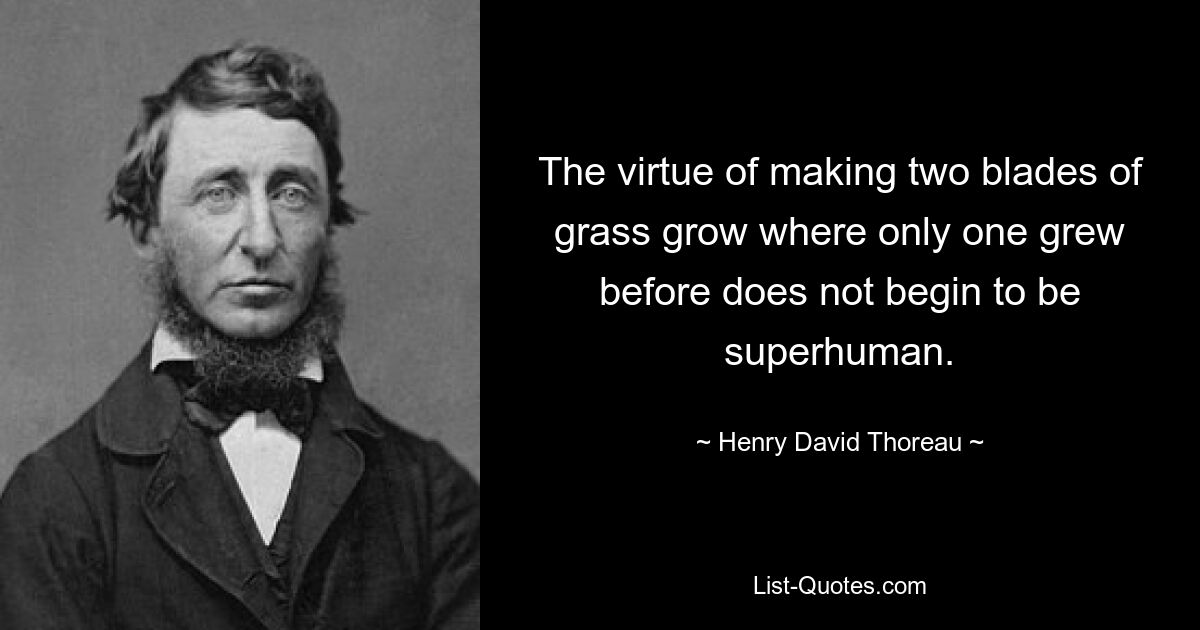 The virtue of making two blades of grass grow where only one grew before does not begin to be superhuman. — © Henry David Thoreau