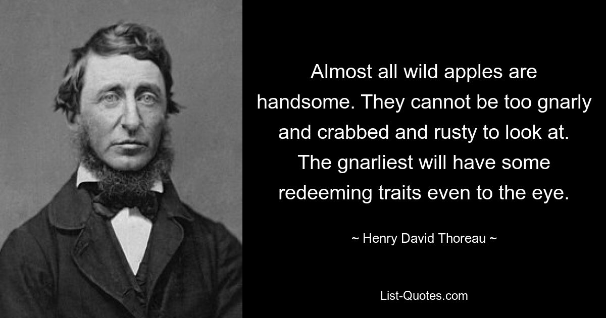 Almost all wild apples are handsome. They cannot be too gnarly and crabbed and rusty to look at. The gnarliest will have some redeeming traits even to the eye. — © Henry David Thoreau