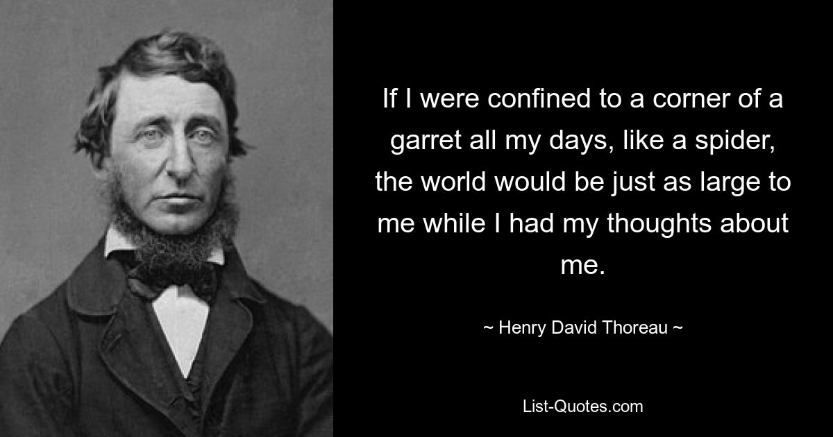 If I were confined to a corner of a garret all my days, like a spider, the world would be just as large to me while I had my thoughts about me. — © Henry David Thoreau