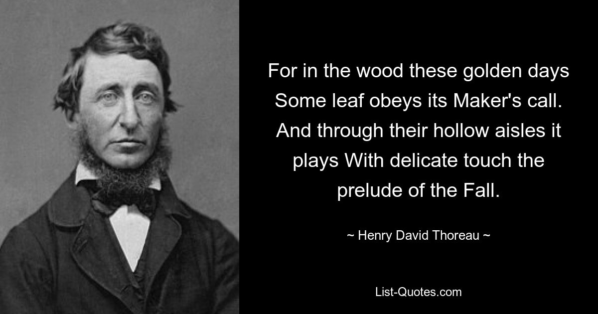 For in the wood these golden days Some leaf obeys its Maker's call. And through their hollow aisles it plays With delicate touch the prelude of the Fall. — © Henry David Thoreau