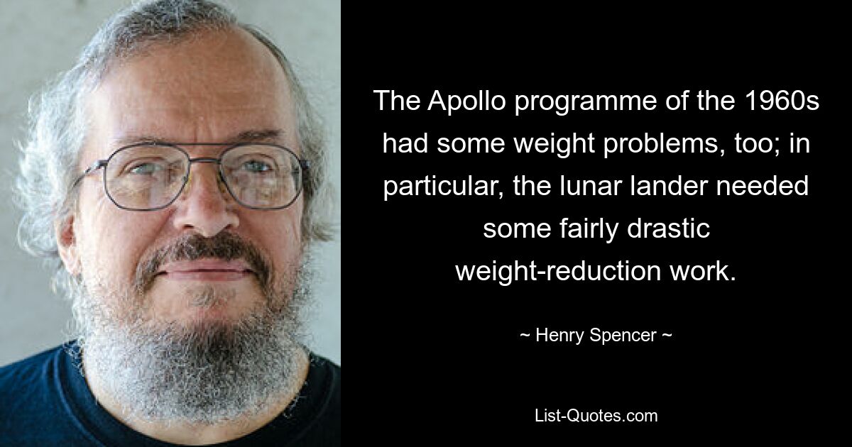 The Apollo programme of the 1960s had some weight problems, too; in particular, the lunar lander needed some fairly drastic weight-reduction work. — © Henry Spencer