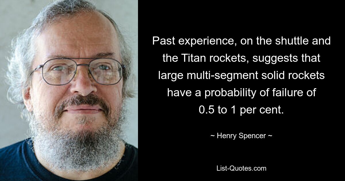 Past experience, on the shuttle and the Titan rockets, suggests that large multi-segment solid rockets have a probability of failure of 0.5 to 1 per cent. — © Henry Spencer