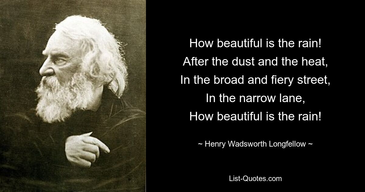 How beautiful is the rain!
After the dust and the heat,
In the broad and fiery street,
In the narrow lane,
How beautiful is the rain! — © Henry Wadsworth Longfellow