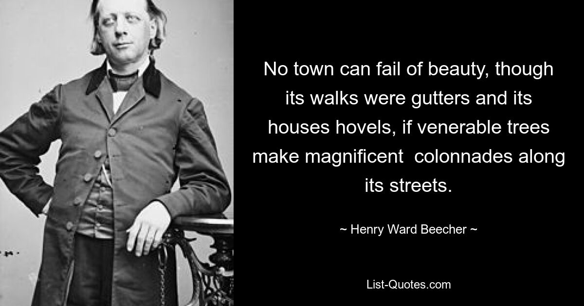 No town can fail of beauty, though its walks were gutters and its houses hovels, if venerable trees make magnificent  colonnades along its streets. — © Henry Ward Beecher