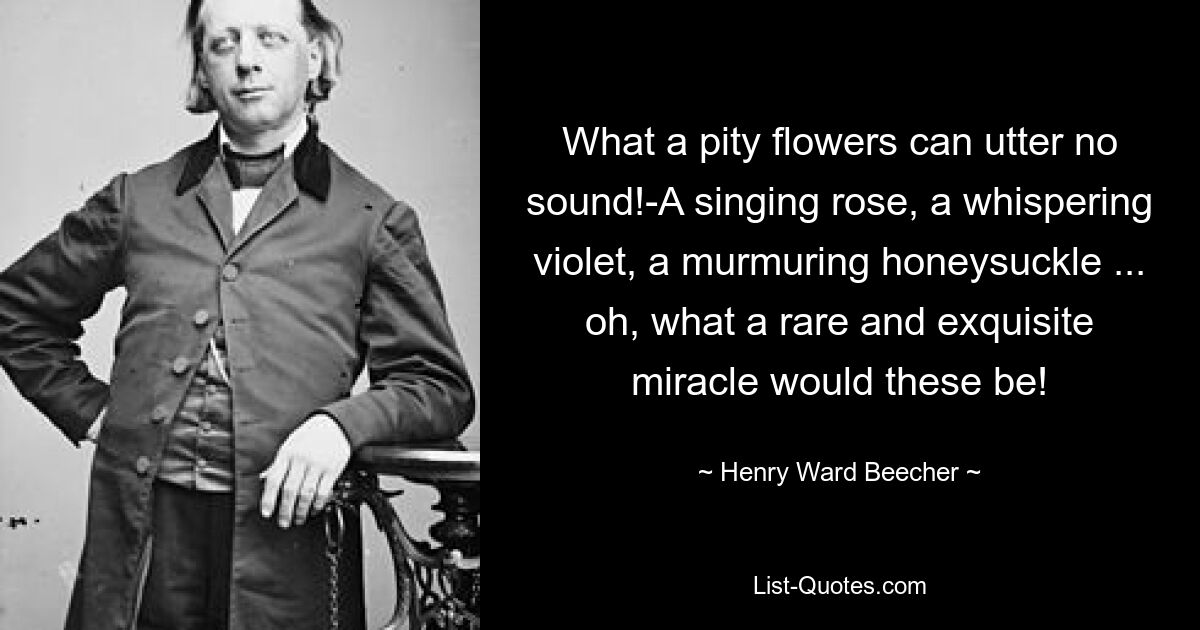 What a pity flowers can utter no sound!-A singing rose, a whispering violet, a murmuring honeysuckle ... oh, what a rare and exquisite miracle would these be! — © Henry Ward Beecher