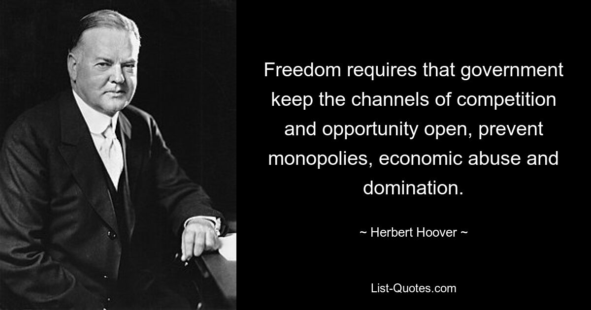 Freedom requires that government keep the channels of competition and opportunity open, prevent monopolies, economic abuse and domination. — © Herbert Hoover