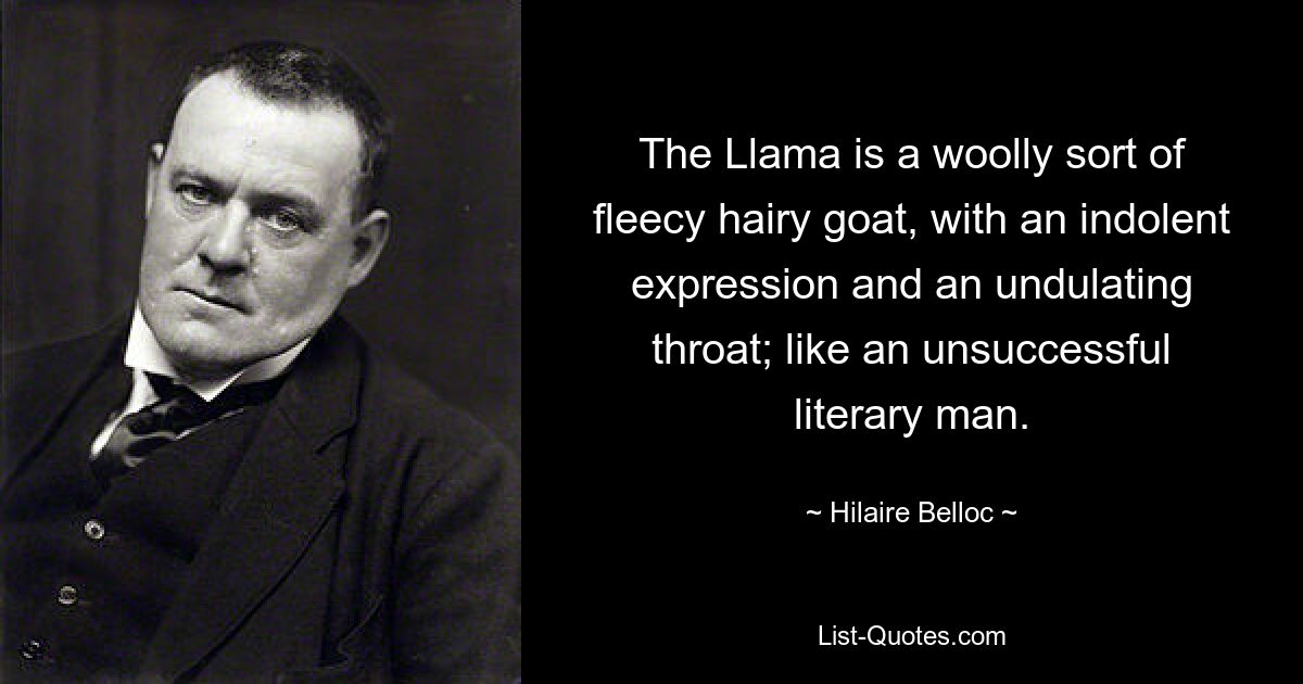 The Llama is a woolly sort of fleecy hairy goat, with an indolent expression and an undulating throat; like an unsuccessful literary man. — © Hilaire Belloc