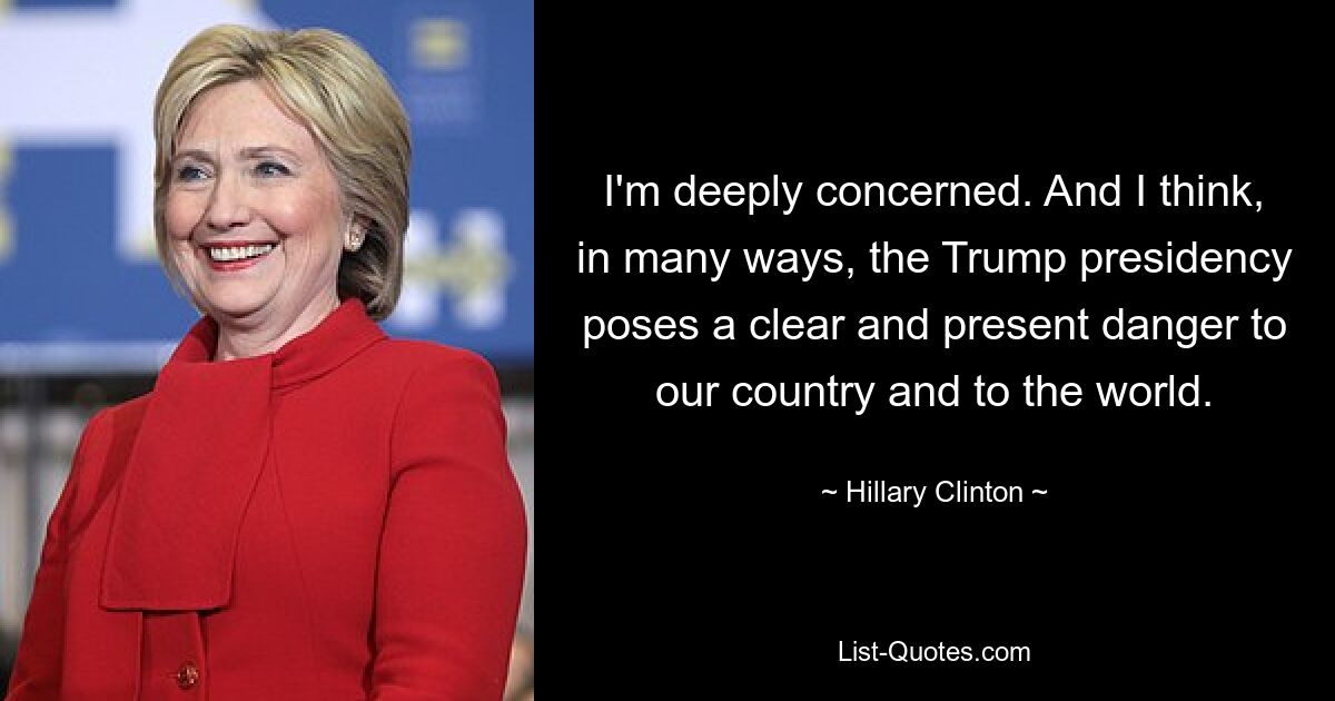 I'm deeply concerned. And I think, in many ways, the Trump presidency poses a clear and present danger to our country and to the world. — © Hillary Clinton