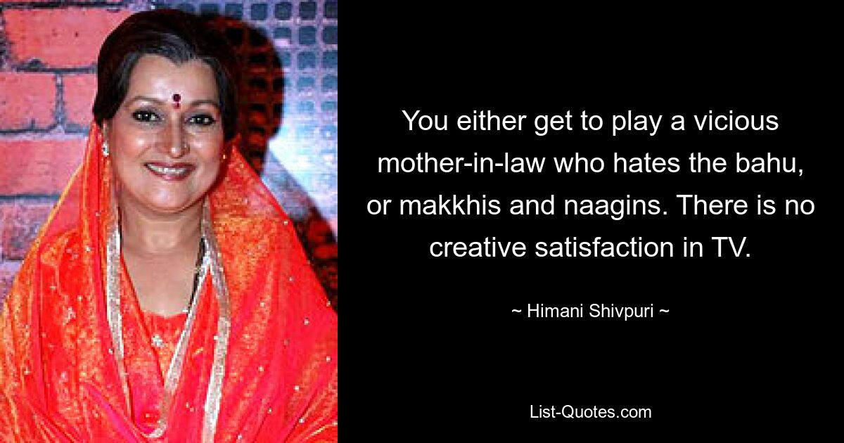 You either get to play a vicious mother-in-law who hates the bahu, or makkhis and naagins. There is no creative satisfaction in TV. — © Himani Shivpuri