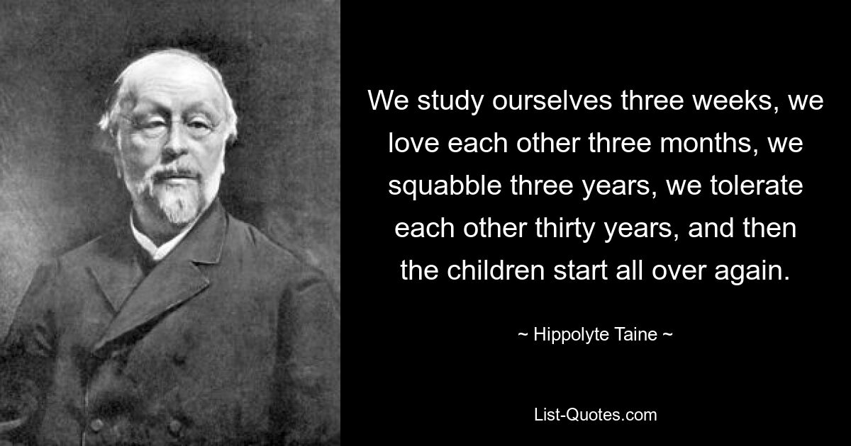 We study ourselves three weeks, we love each other three months, we squabble three years, we tolerate each other thirty years, and then the children start all over again. — © Hippolyte Taine