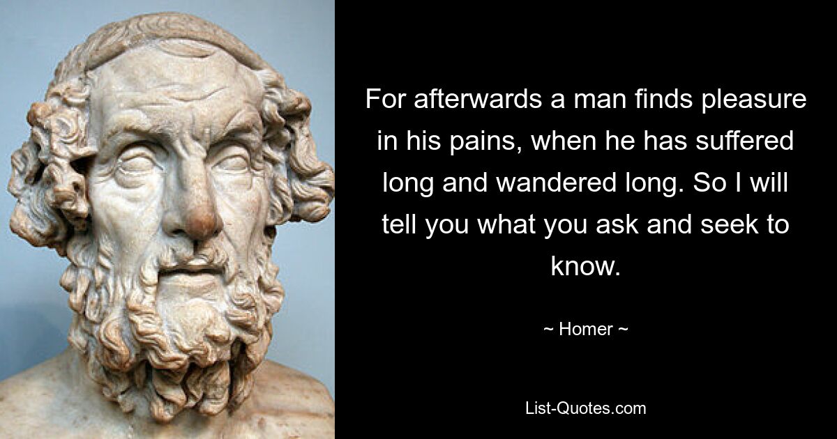 For afterwards a man finds pleasure in his pains, when he has suffered long and wandered long. So I will tell you what you ask and seek to know. — © Homer