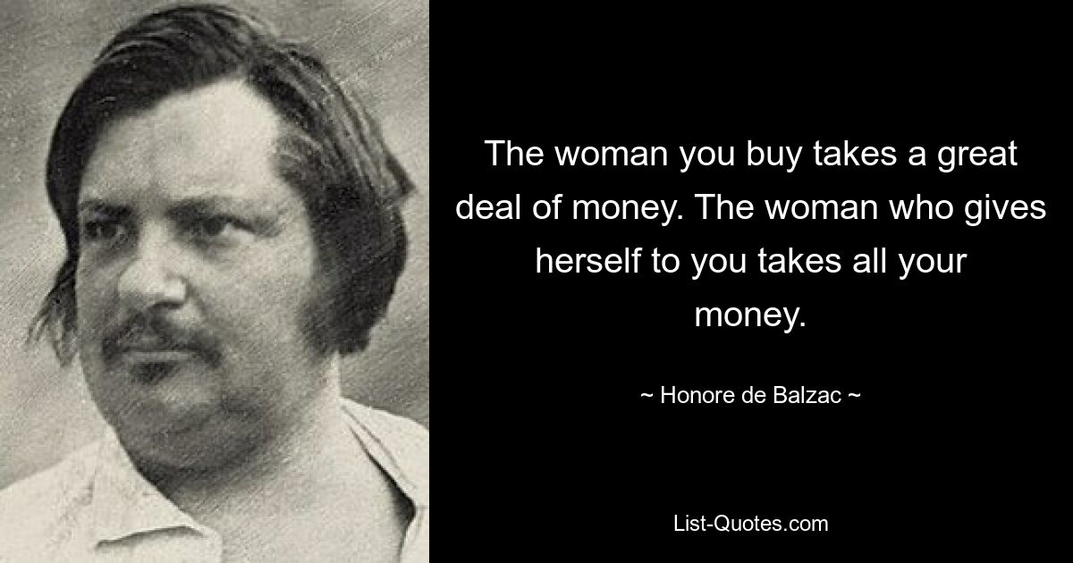 The woman you buy takes a great deal of money. The woman who gives herself to you takes all your money. — © Honore de Balzac