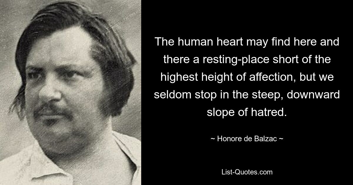 The human heart may find here and there a resting-place short of the highest height of affection, but we seldom stop in the steep, downward slope of hatred. — © Honore de Balzac