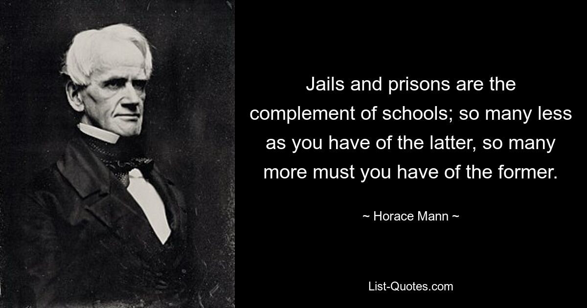 Jails and prisons are the complement of schools; so many less as you have of the latter, so many more must you have of the former. — © Horace Mann