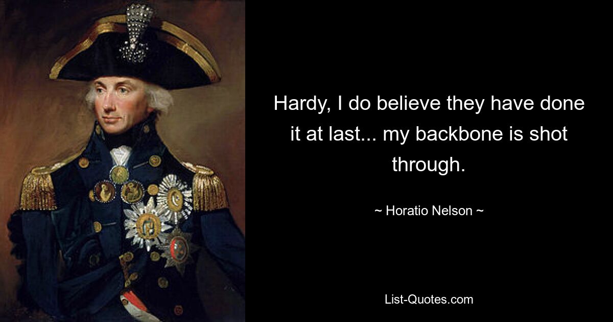 Hardy, I do believe they have done it at last... my backbone is shot through. — © Horatio Nelson