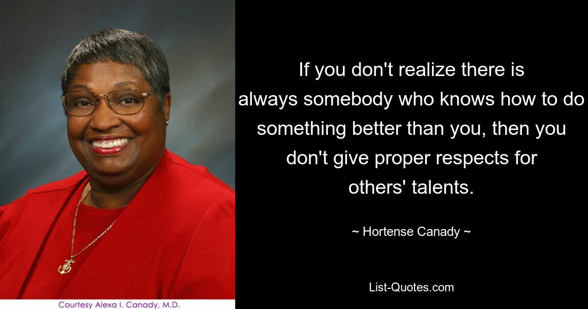 If you don't realize there is always somebody who knows how to do something better than you, then you don't give proper respects for others' talents. — © Hortense Canady