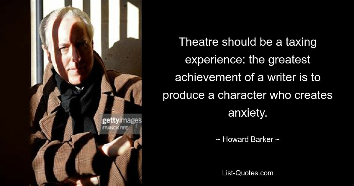 Theatre should be a taxing experience: the greatest achievement of a writer is to produce a character who creates anxiety. — © Howard Barker