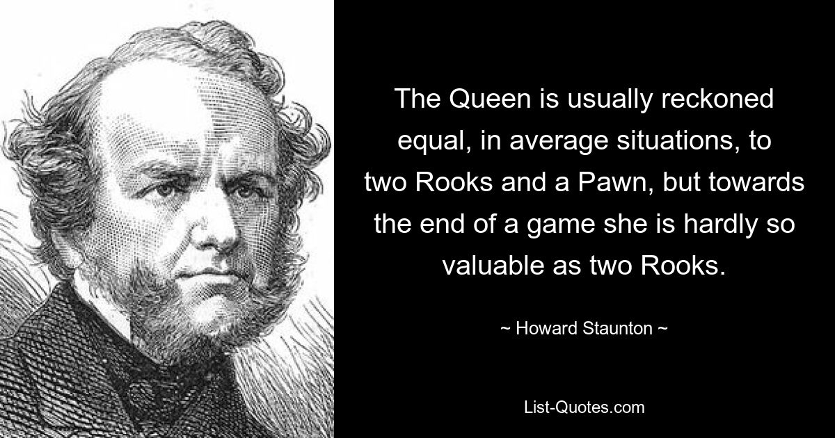 The Queen is usually reckoned equal, in average situations, to two Rooks and a Pawn, but towards the end of a game she is hardly so valuable as two Rooks. — © Howard Staunton