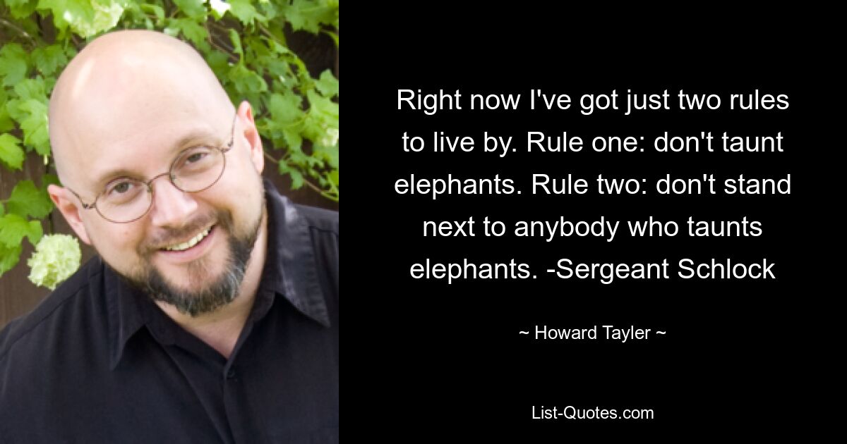 Right now I've got just two rules to live by. Rule one: don't taunt elephants. Rule two: don't stand next to anybody who taunts elephants. -Sergeant Schlock — © Howard Tayler