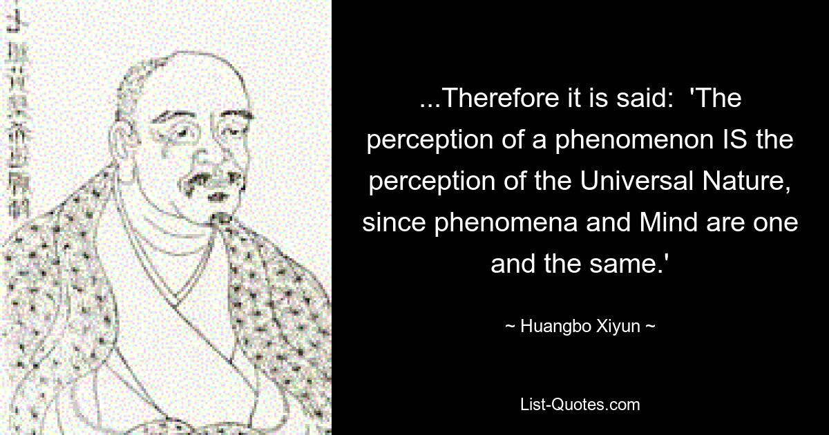 ...Therefore it is said:  'The perception of a phenomenon IS the perception of the Universal Nature, since phenomena and Mind are one and the same.' — © Huangbo Xiyun